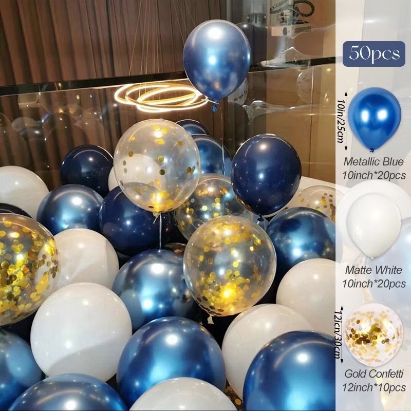 Set paket balon latex chrome biru putih blue white 10inch lateks latek confetti confeti konfeti kert
