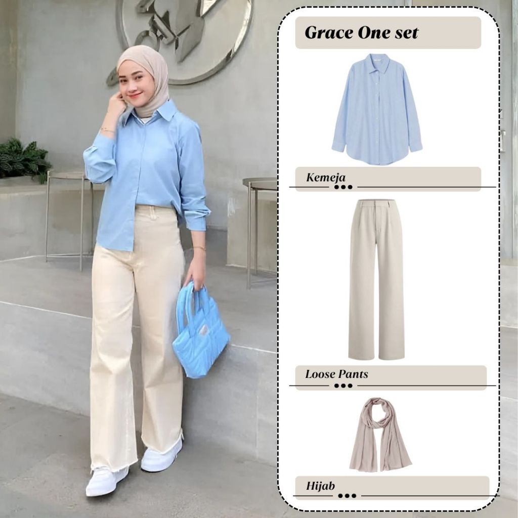 Outfit Wanita Kekinian ( Kemeja + Loose Pants + Pasmina Hijab ) Setelan Outfit Ootd Remaja Grace