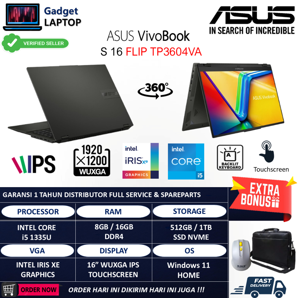 Laptop Asus Vivobook S 16 Flip TP3604VA Intel i5 1335U 16GB 1TB WUXGA IPS Touchscreen Windows 11