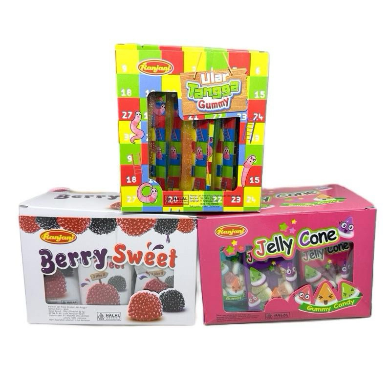 

RANJANI BERRY SWEET, ULAR TANGGA, JELLY CONE ISI 30PCS PER BOX Permen Cemilan Manis Gummy