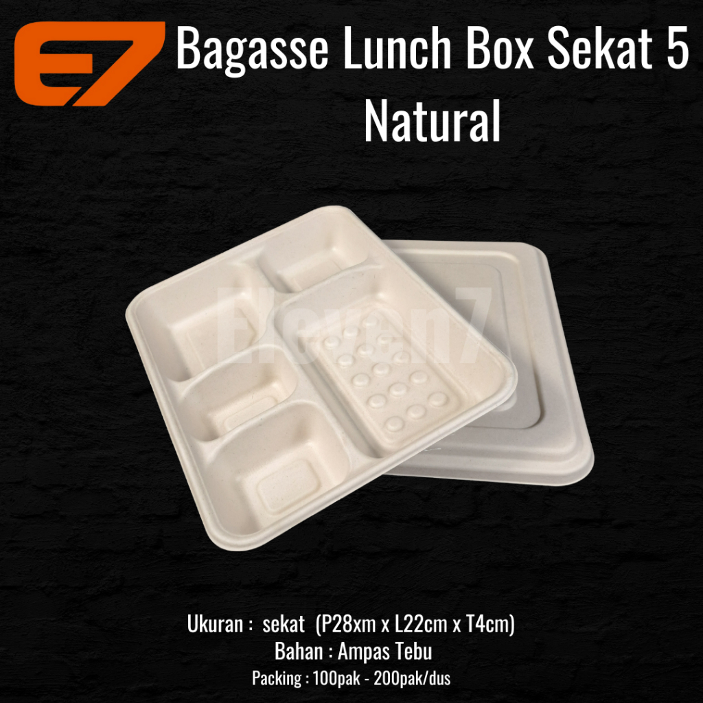 Bagasse Natural Bento Box Sekat 5 - Bento Box, Bagasse Lunch Box Warna Natural (5pcs)