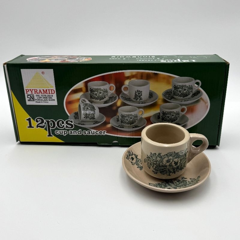 Cangkir Piring Kopitiam / Cangkir Kopitiam Pyramid / 1 Dus isi 6 Set (6 Cangkir + 6 Piring)