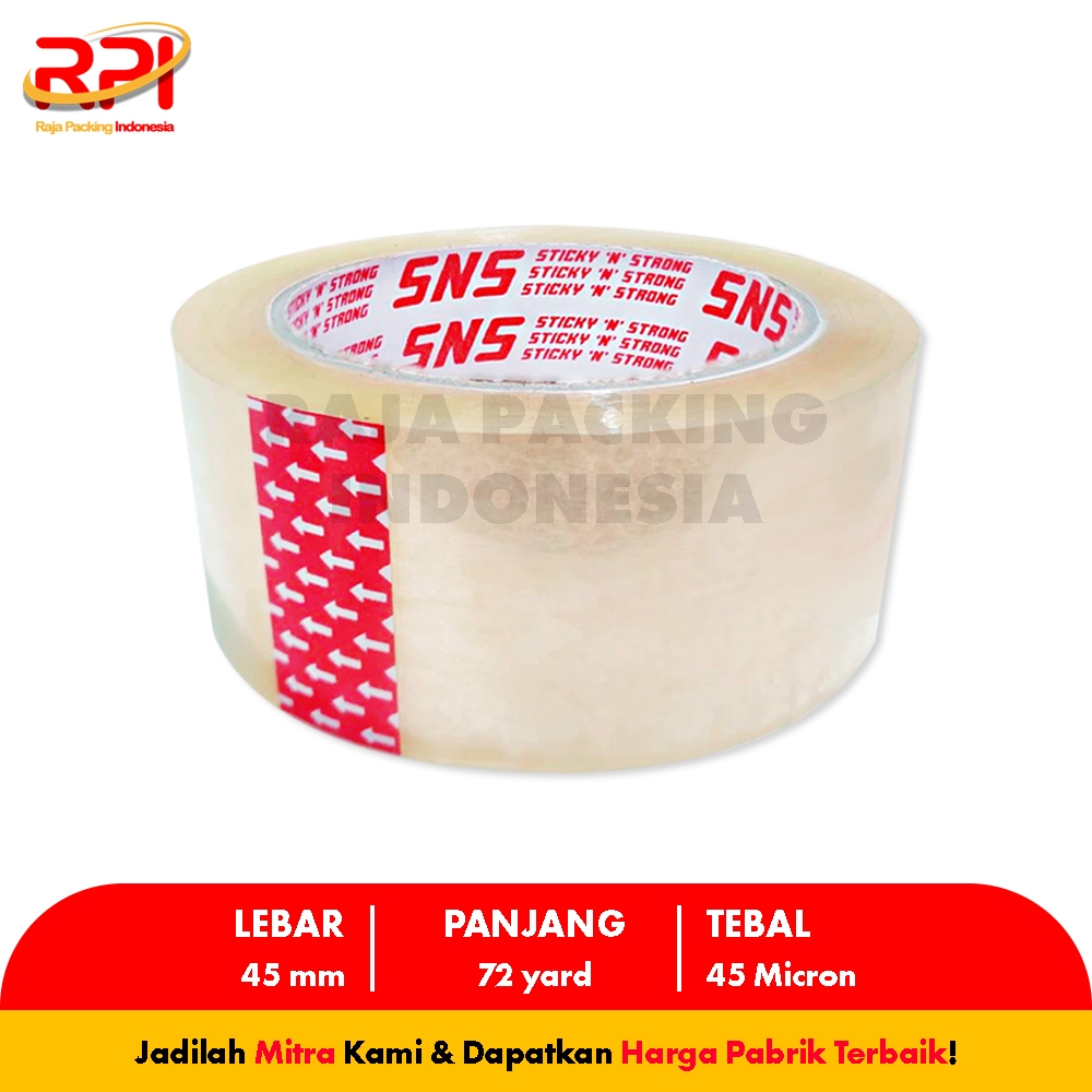 

Lakban Bening / Coklat 72 Yard x 45 Mm x 45 Mic Sticky N Strong (SNS) RAJA PACKING INDONESIA