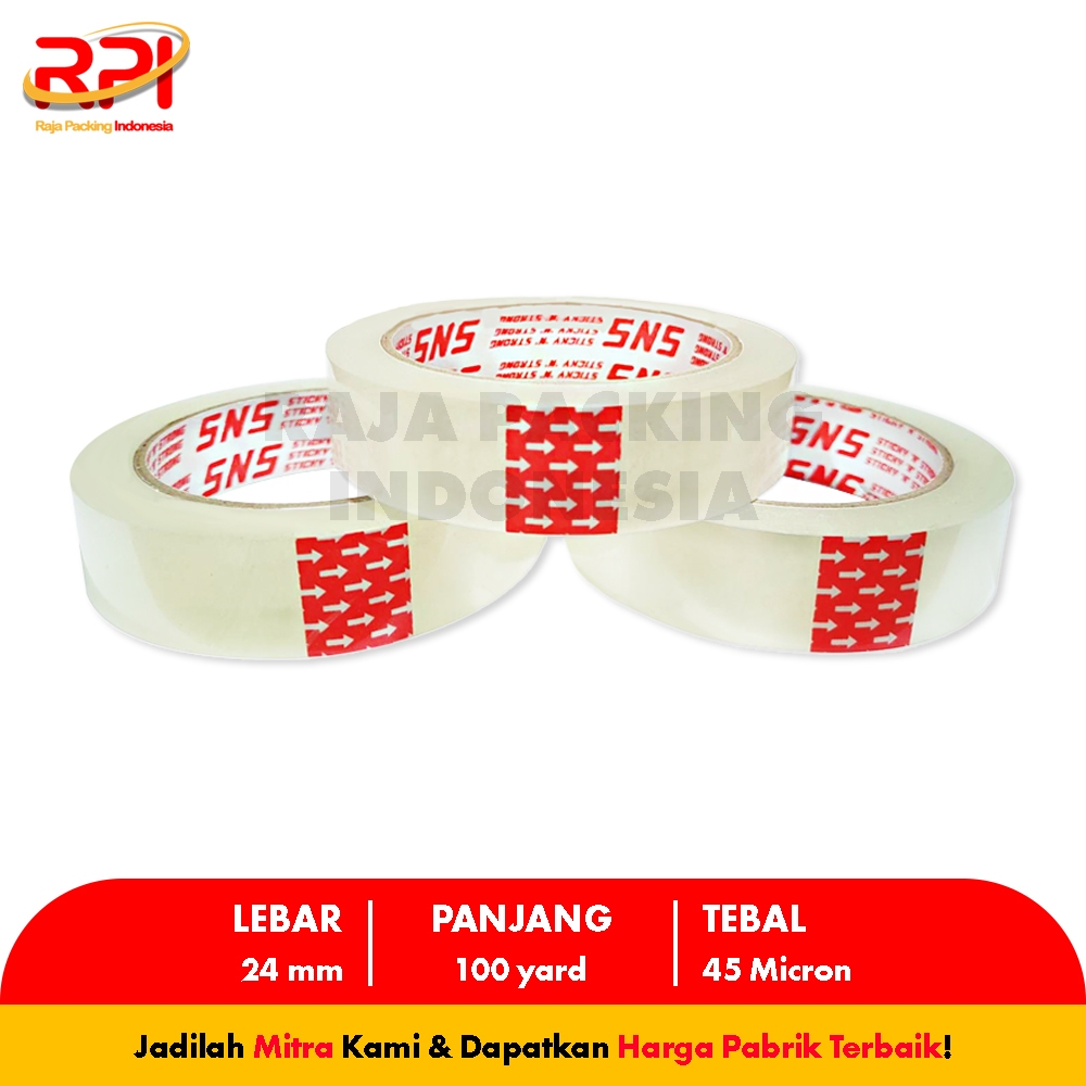 

Isolasi / Solatip Bening 24 Mm x 100 Yard x 45 Mic Sticky N Strong (SNS) RAJA PACKING INDONESIA