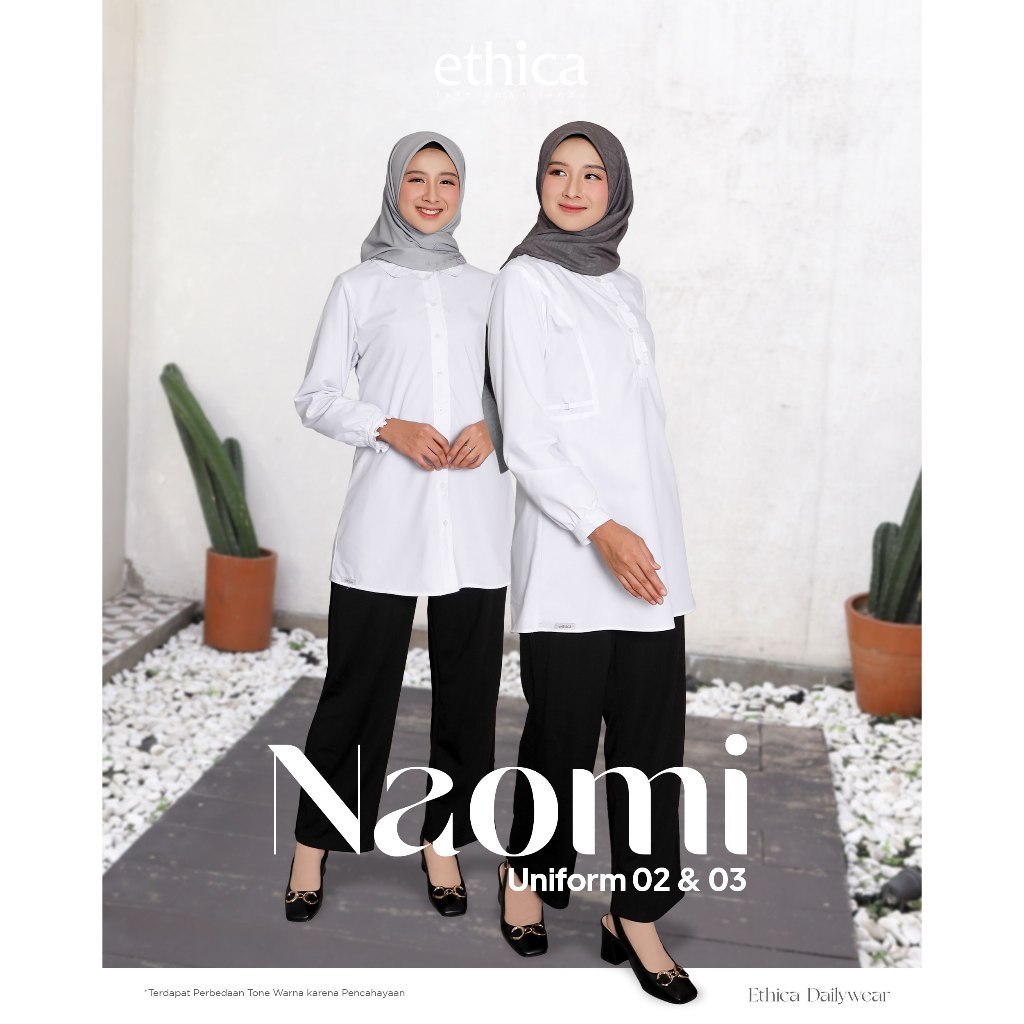 Ethica Naomi Uniform 03 Tunik Putih Wanita Kekinian Bahan Valdena Polos Variasi Frill List Simpel