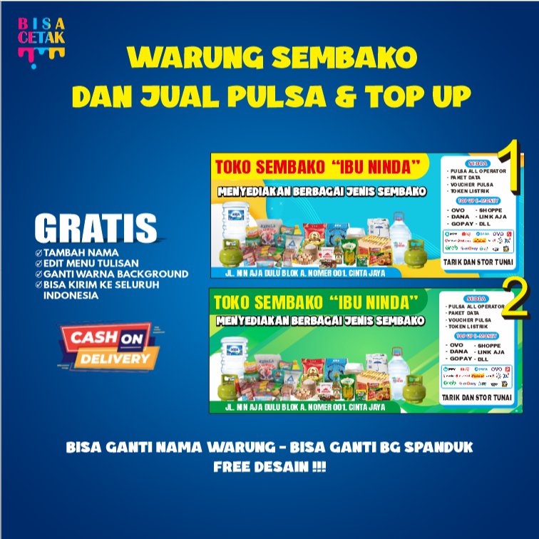 CETAK SPANDUK / BANER TOKO SEMBAKO & JUAL PULSA - FREE DESAIN - BISA COD