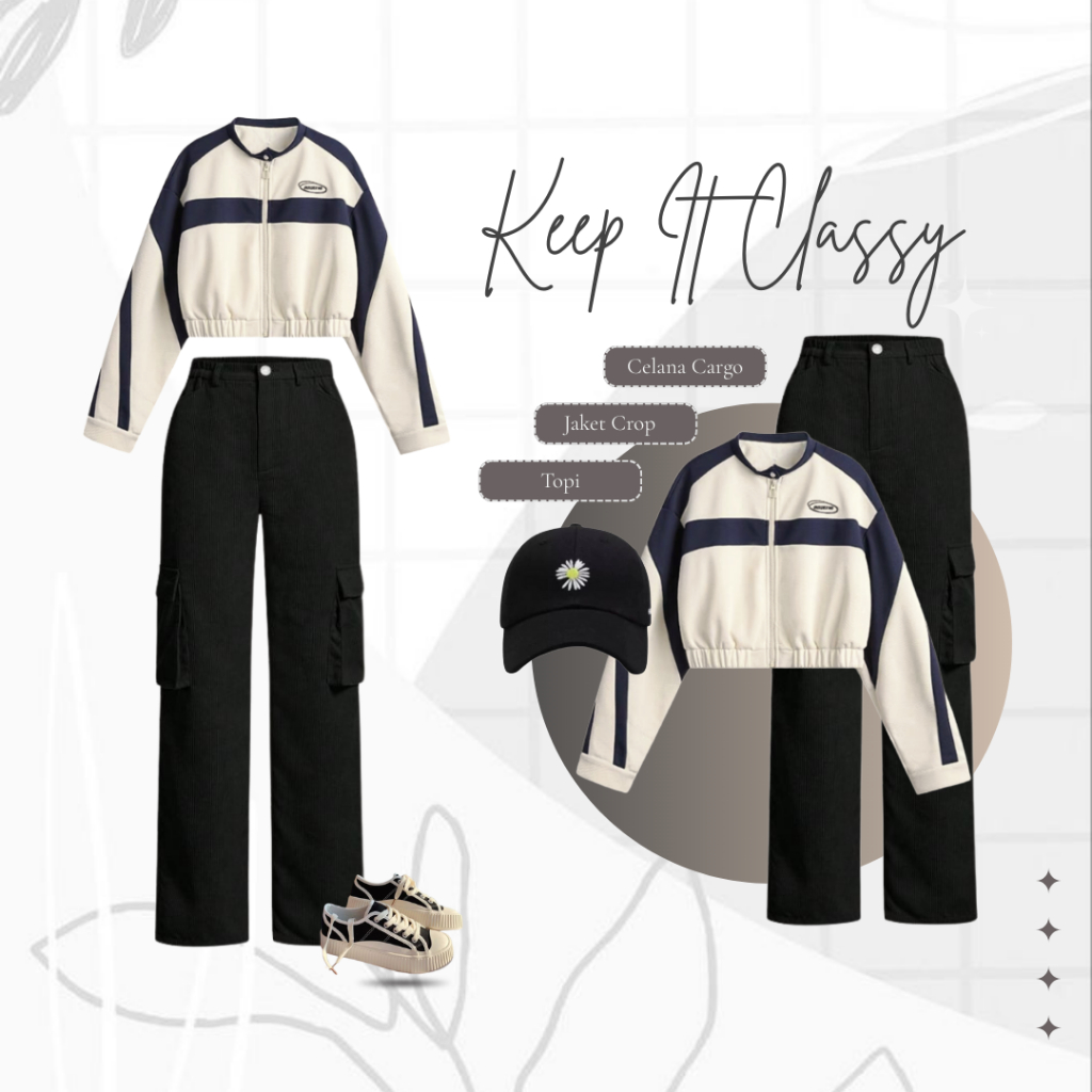 Outfit Cewek Kekinian_Jaket Fleece Cream Navy Resleting_Celana Cargo Hitam_Topi Drill Hitam_UW009