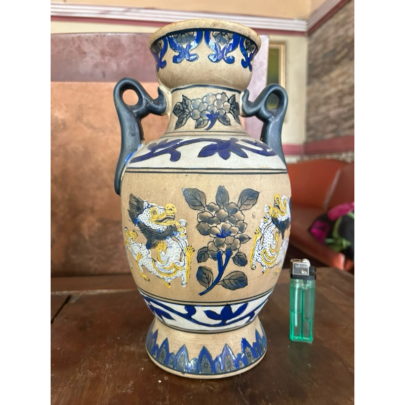 Keramik China Kuno Dinasty Vas Guci Piala Biru Putih Naga Antik