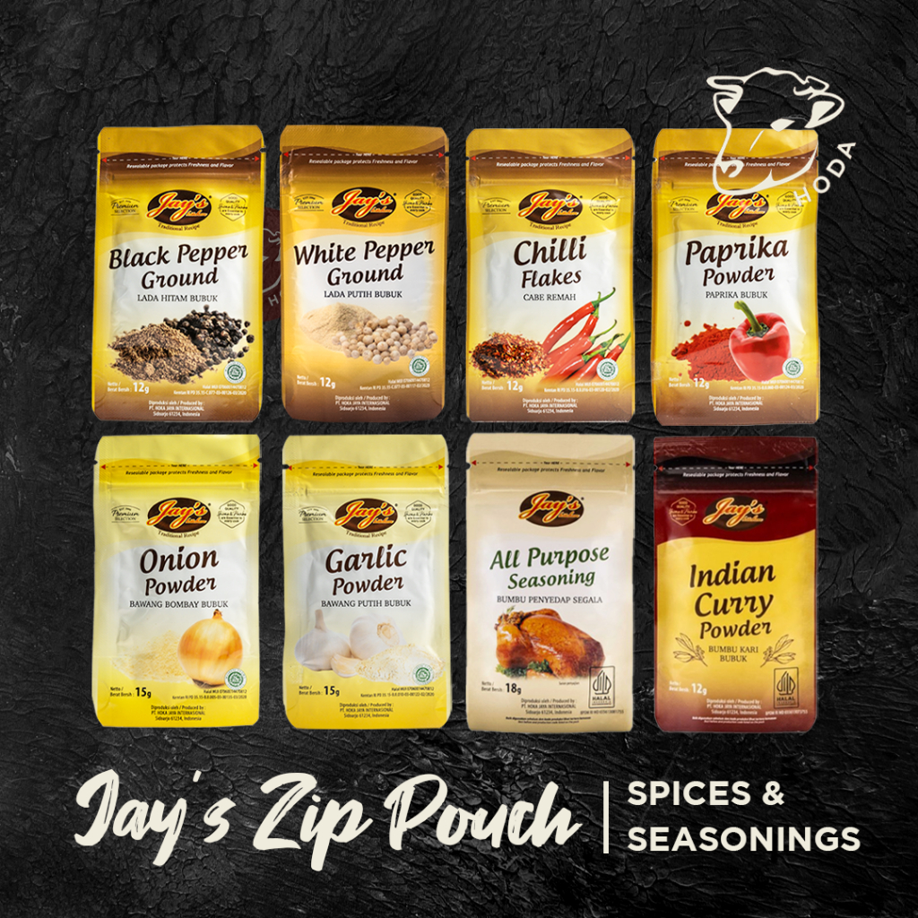 

Jay's Zip Pouch Spices & Seasonings | Blackpepper / Whitepepper / Chilli Flakes / Paprika / Onion / Garlic / Indian Curry