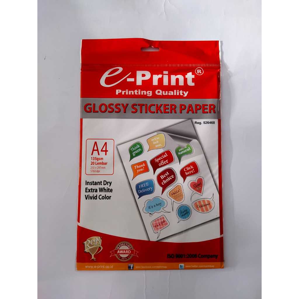 

kertas stiker e print A4 glossy ( isi 20 pcs )