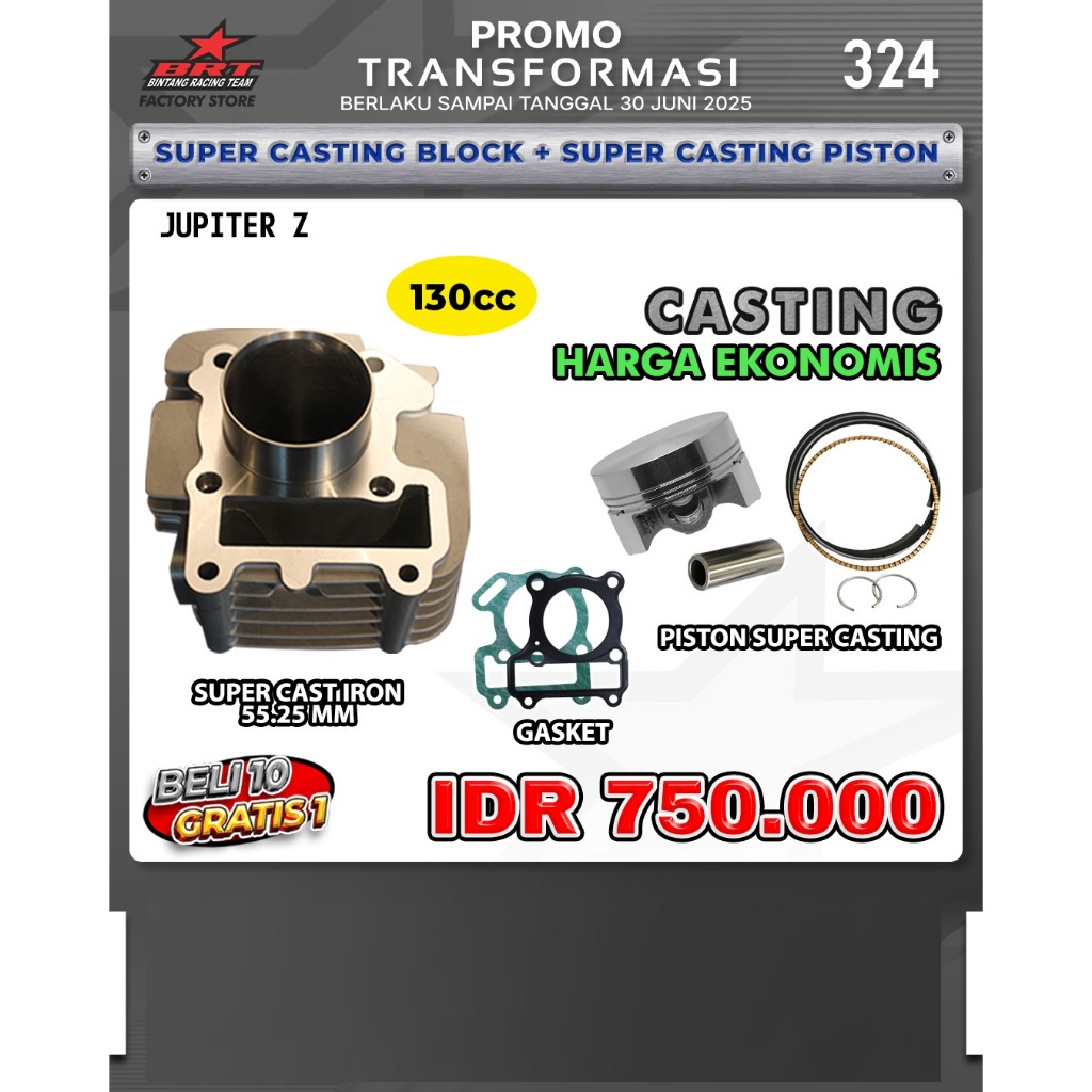 BLOK CAST IRON 55.25  MM + PISTON CASTING 130 CC JUPITER Z BRT BINTANG RACING TEAM