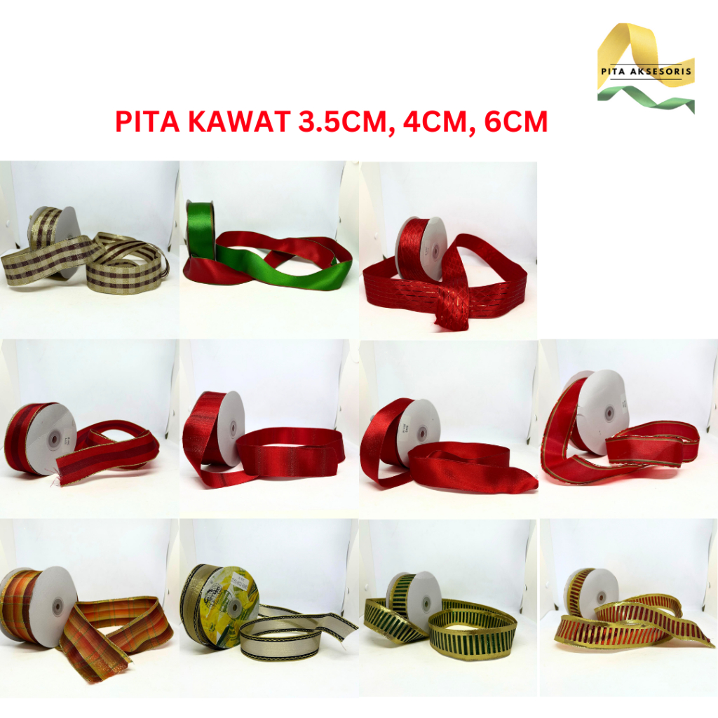 

(1 ROLL) Pita Kawat Tartan Gold Warna Merah Salur Kain Taiwan Premium Ornament Hampers Kue Hiasan Undangan Pita Kado Bouquet Bunga
