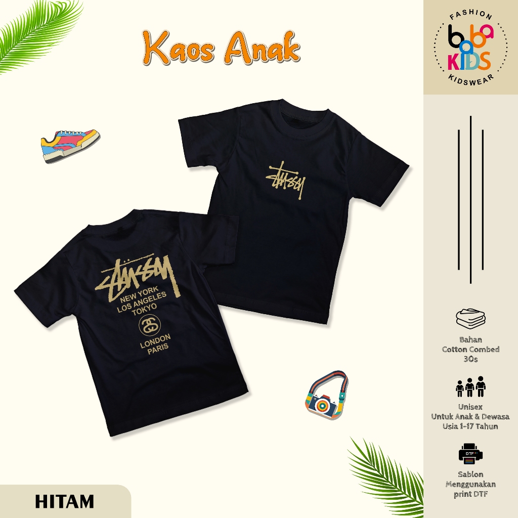 Kaos Anak & Remaja  Laki-Laki 1-17 Tahun Stussy Cotton Combed 30s Baju Kaos Anak