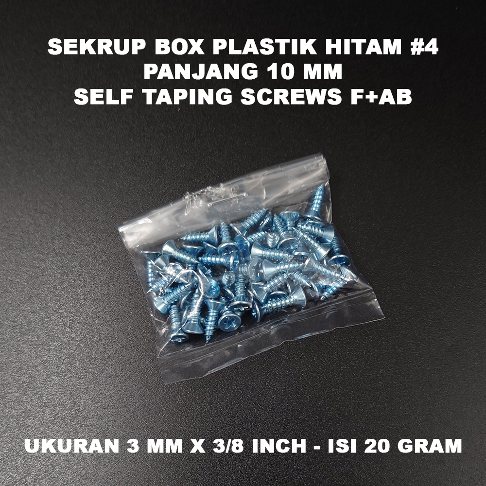 Sekrup Box Plastik Hitam #4 Panjang 10 mm - Self Tapping Screws F+AB ukuran 3 mm x 3/8 Inch - Isi 20