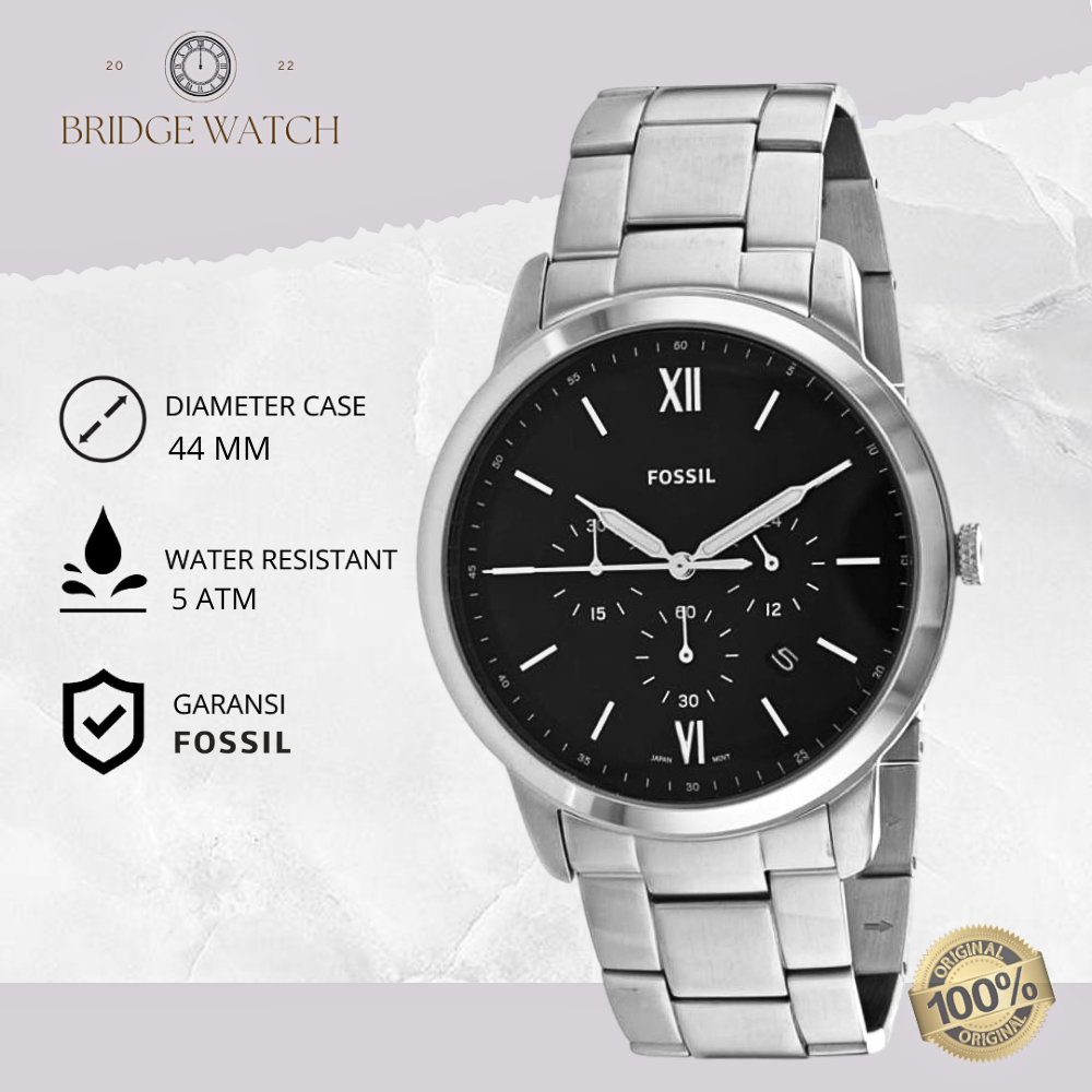 Jam Tangan Pria Fossil Original FS5384 Men Neutra Analog Black Dial Silver Stainless Steel  Strap Ra