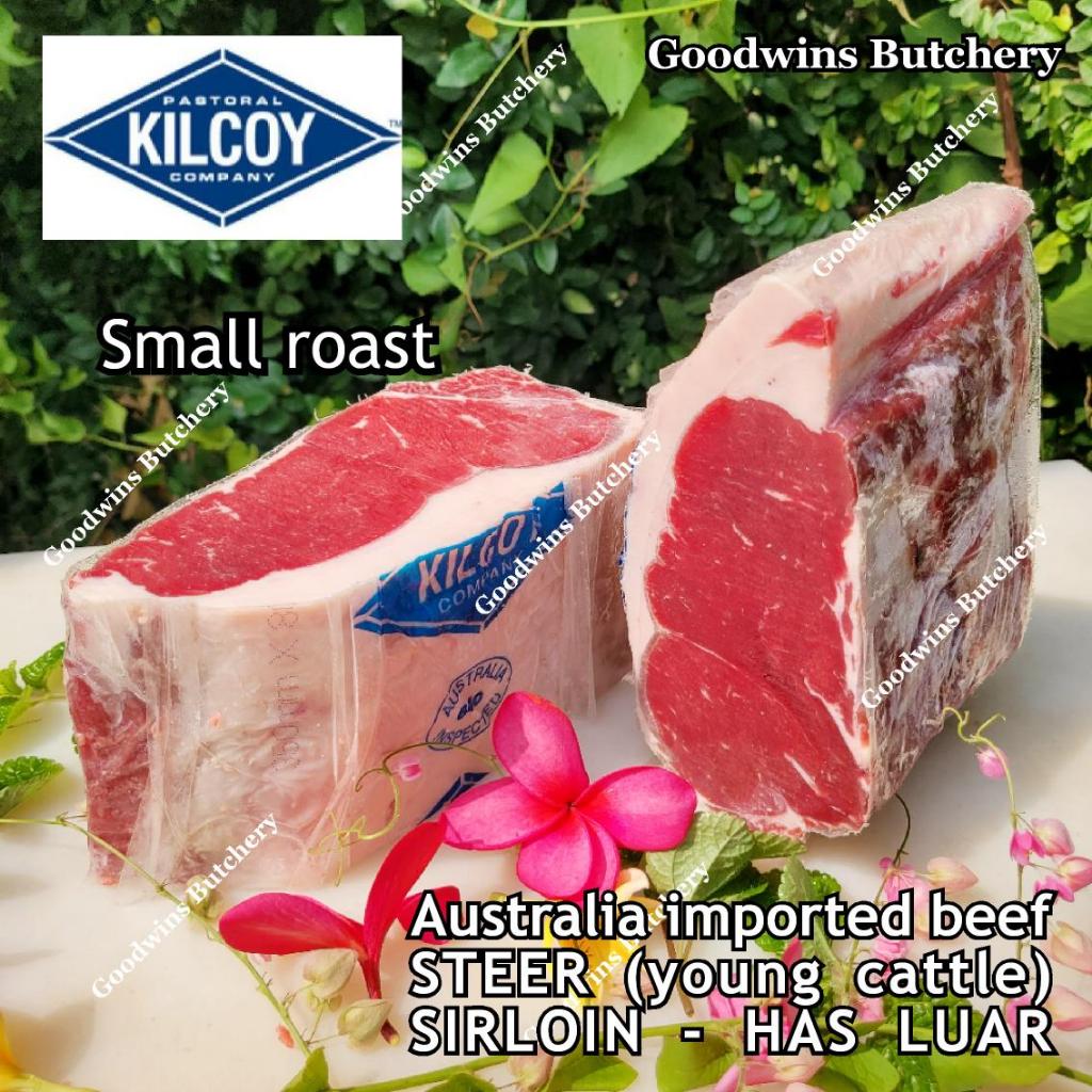 

Beef SIRLOIN Australia PR-STEER (young cattle) Kilcoy frozen SMALL ROAST CUTS daging sapi has luar Striploin New York strip