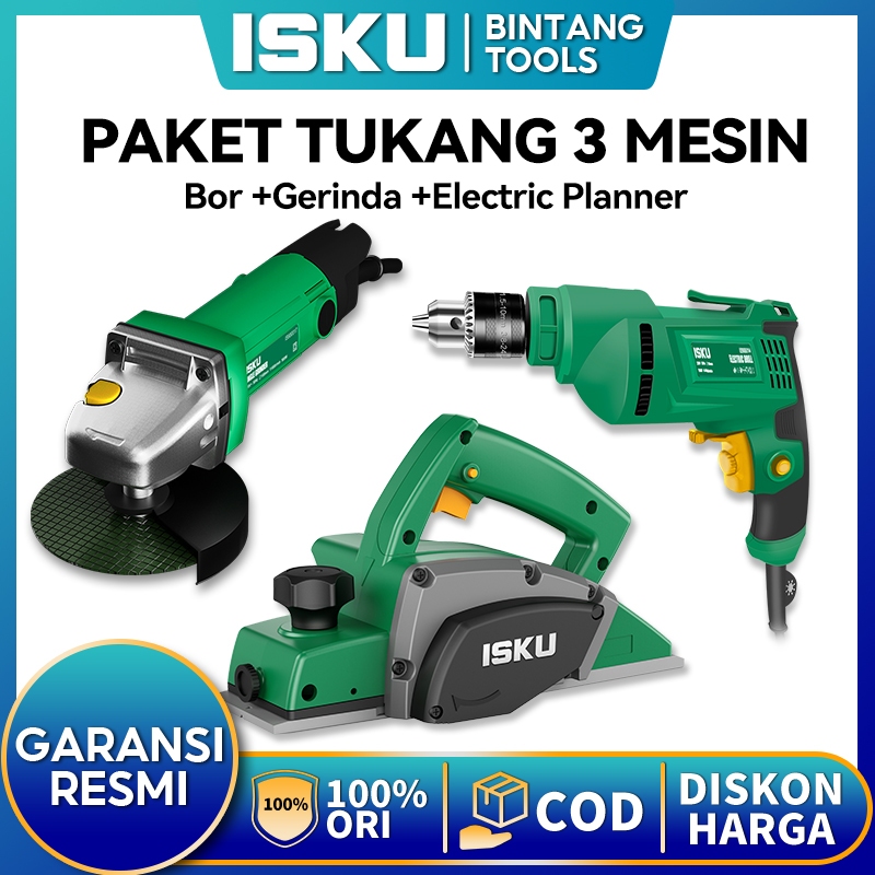 ISKU TUKANG MESIN Paket 3 Mesin Pertukangan Gerinda 500W, Bor Listrik 700W, dan Planer Kayu 450W 3 M