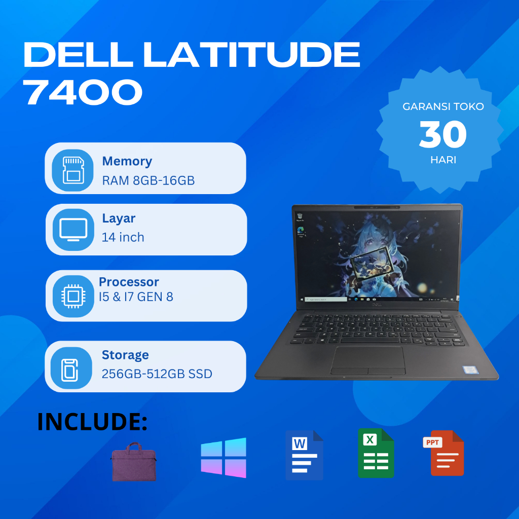 Laptop Dell Latitude 7400 i5 Gen 8365U & i7 Gen 8665U Ram 8GB-16GB SSD 128GB-512GB Layar 14 inch Sec