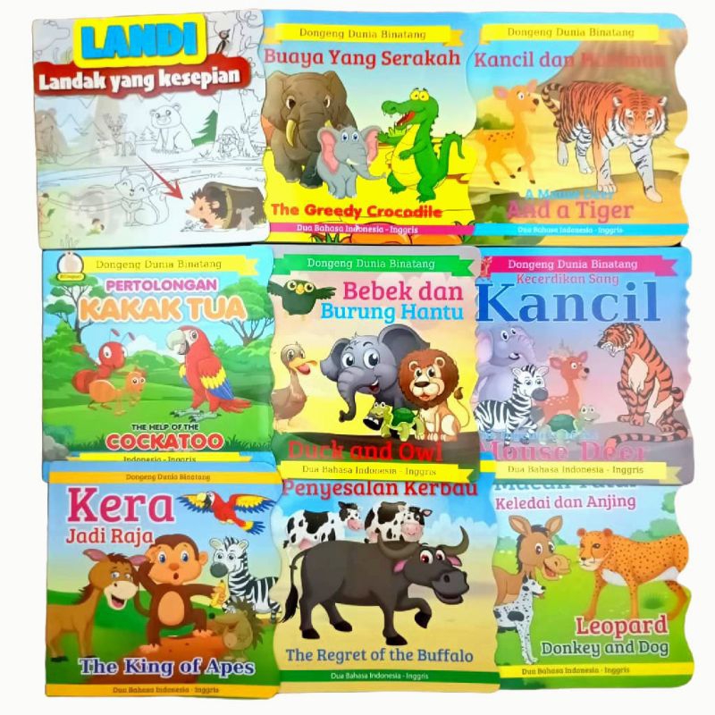 BUKU DONGENG ANAK bergambar dua bahasa tema hewan