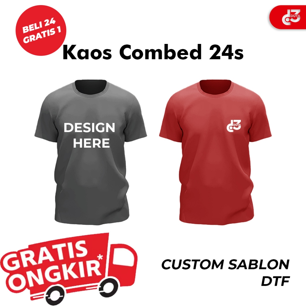 Sablon Kaos Custom Satuan Print DTF Plastisol Digital Cotton 24s Logo atau Tulisan Kastem
