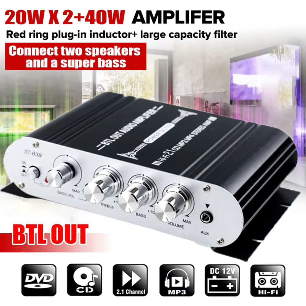 LVPIN Ampli Mini 12V Mobil Rumahan Amplifier HiFi Bluetooth Super Bass Treble Bass Booster ST 838
