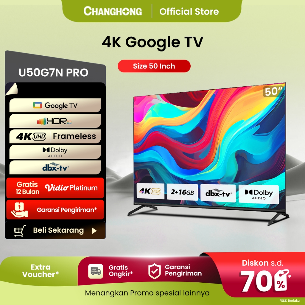 Google TV  Changhong 50 inch Smart TV 4K UHD-HDR10+DBX Dolby Audio Google Assistant  Netflix Youtube