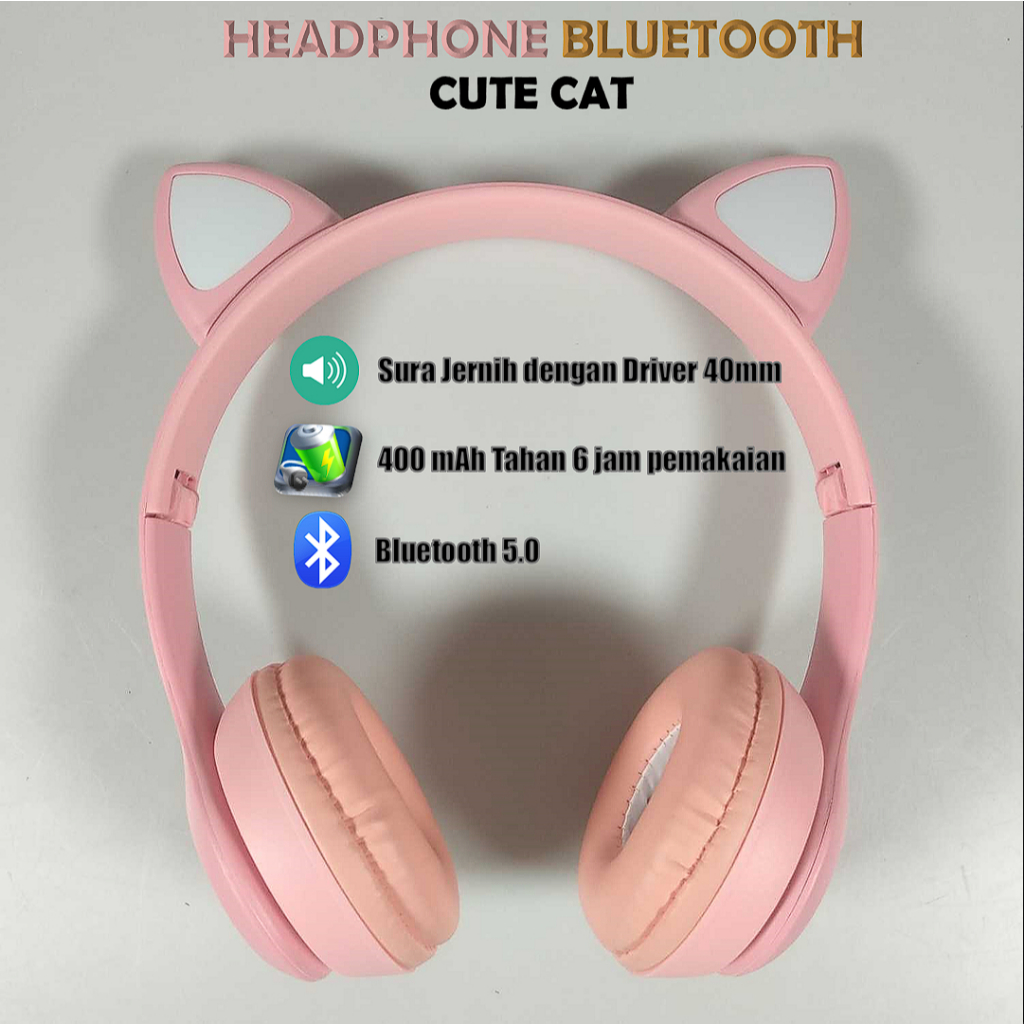 Fuloophi Headset Bluetooth Headphone Telinga Kucing Cute Cat Ear gamer girl LED RGB - P47M - Earphon