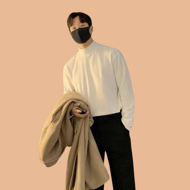 Turtle neck pria Rib Cotton rajut kerah tinggi dalaman unisex Baju manset inner Atasan Korea