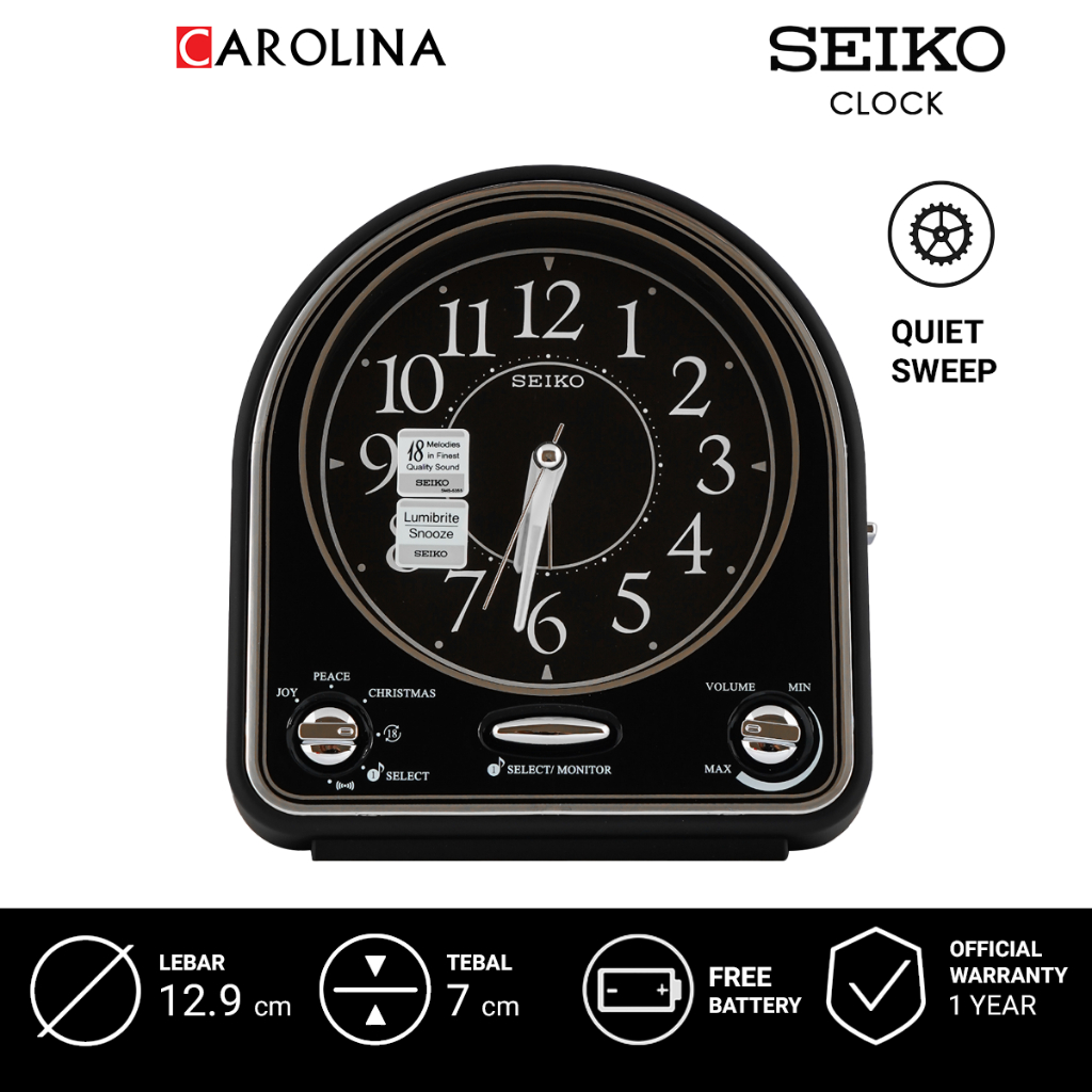 Jam Beker QHP003K SEIKO QHP003K Quiet Sweep Black Color Black Dial Bedside Alarm Clock