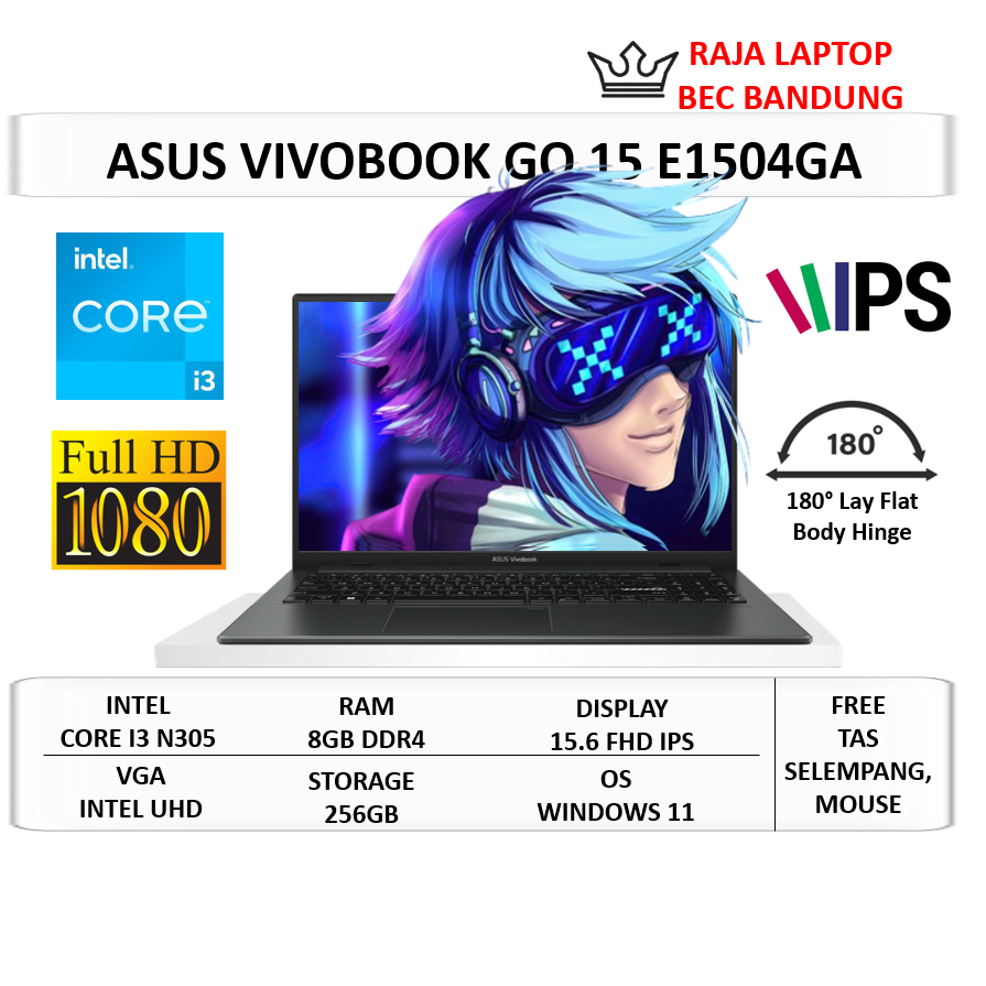 Laptop Slim Asus Vivobook 15 E1504GA Intel Core i3 N305 Ram 8GB 256GB 15.6" FHD Windows 11 Ori