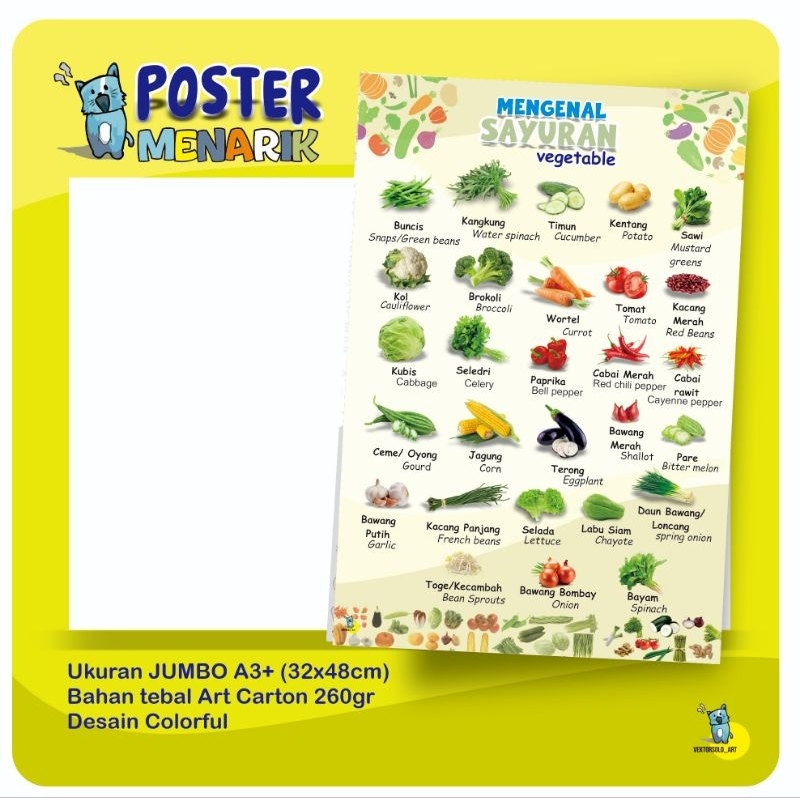POSTER EDUKASI/ POSTER ANAK BERGAMBAR SAYURAN BERBAHASA INDONESIA DAN INGGRIS