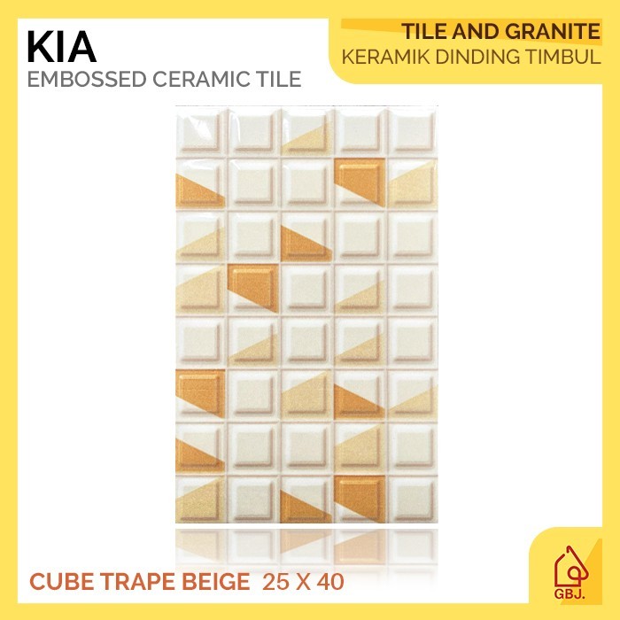 KERAMIK KIA 25 X 40 CUBE TRAPE BEIGE / KERAMIK DINDING HIAS TIMBUL GLOSSY