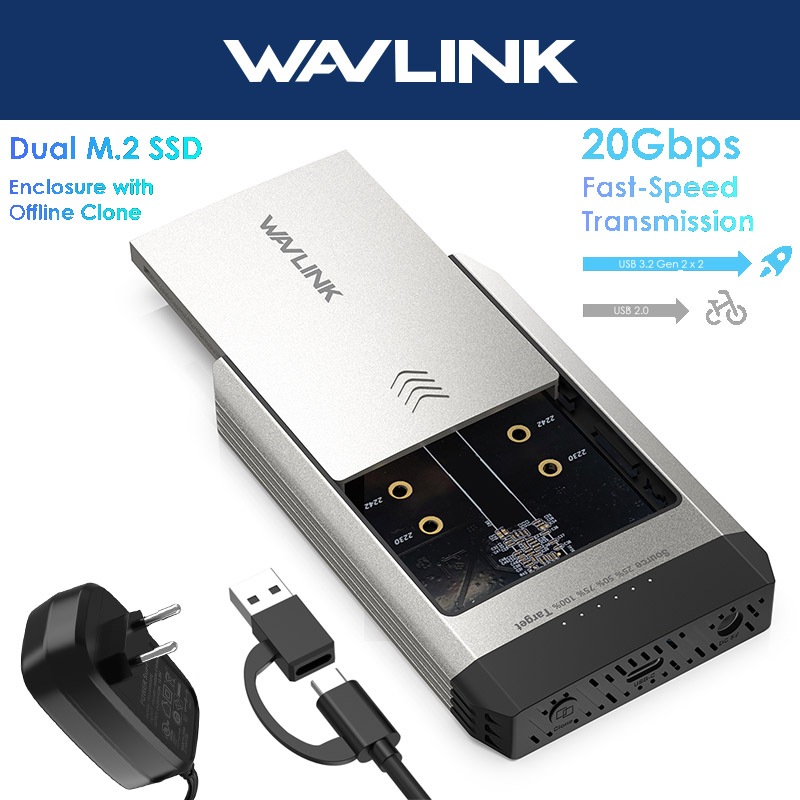 WAVLINK Offline Clone M.2 SSD Hard Drives Enclosure 20Gbps USB-C Compatible with NVMe and AHCI Max 8