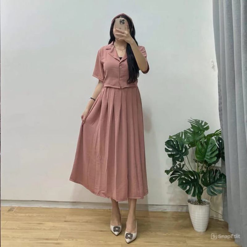 Kimmy Set Kemeja Crop Dan Rok Midi Wanita Kekinian Terbaru