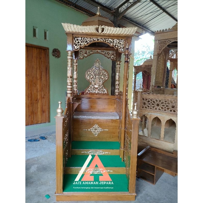 mimbar masjid, mimbar kubah, mimbar masjid kayu jati asli, mimbar masjid tangga depan, mimbar khutba