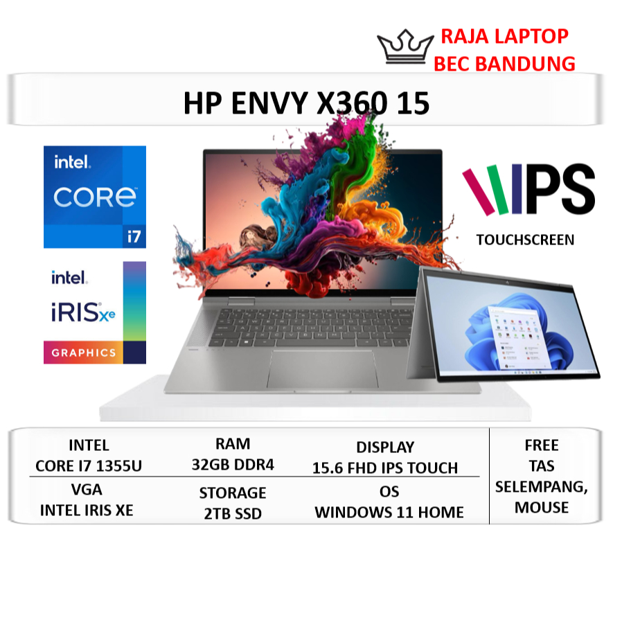 Laptop HP Envy x360 15 Intel i7 1355U Ram 32GB SSD 2TB 15.6" FHD IPS Touchscreen Windows 11 Ori