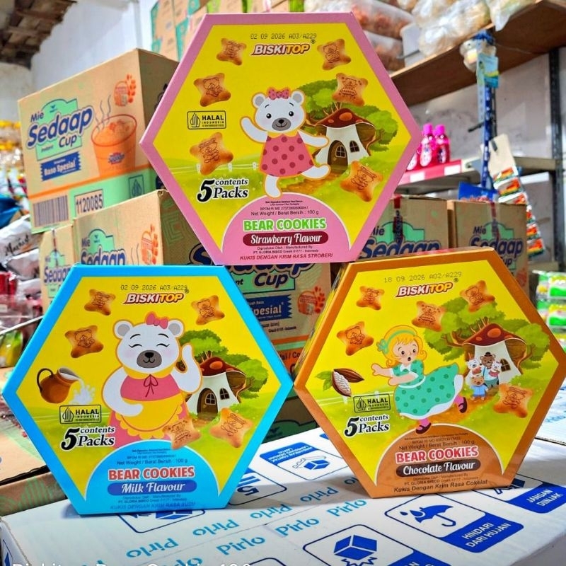 

Biskitop Bear Cookies Strawberry / Milk / Chocolate 100gr (1 dus isi 24 pcs)