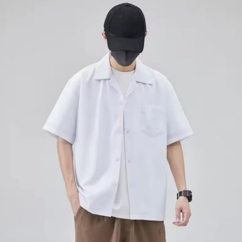 Kemeja Pria Hawaii Keren Outfit Cowok Terbaru Katun Hitam Santai Polos