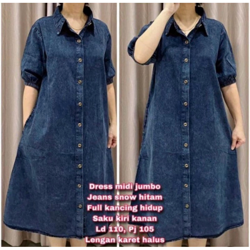 1246 MIDI DRESS JEANS POLOS LENGAN PENDEK KARET LD110 WANITA|DRESS DENIM|DRESS LD110