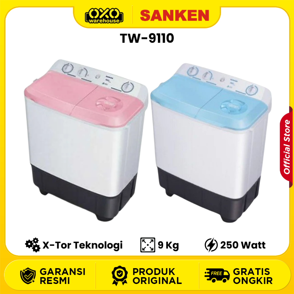 SANKEN Mesin Cuci TW-9110 2 Tabung Kapasitas 9Kg X-Tor Teknologi Low Watt Garansi Resmi
