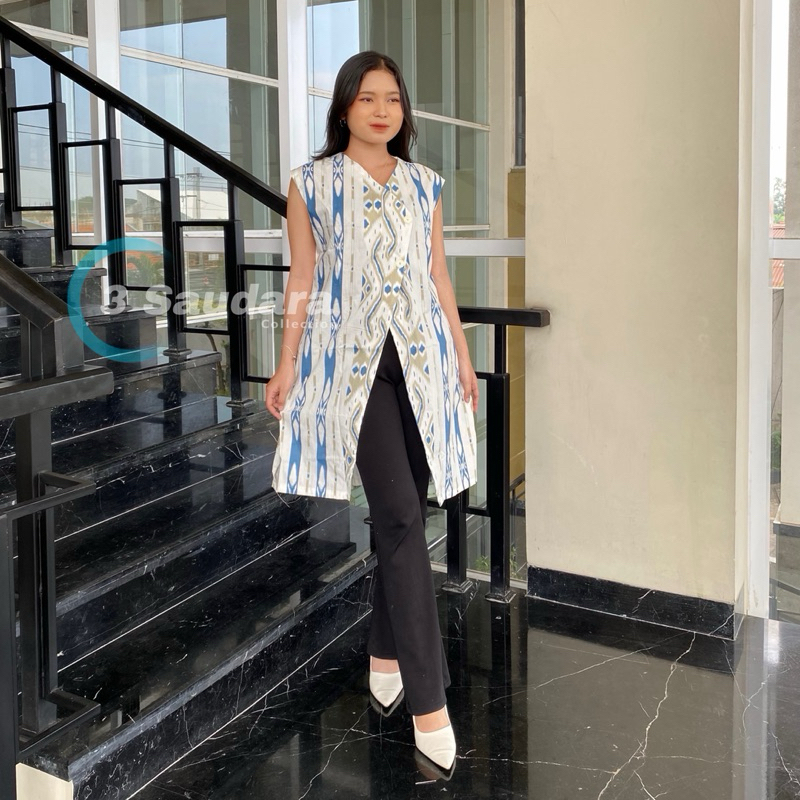 Long Cardi Batik Atasan Wanita Modern Outer Panjang Tanpa Lengan