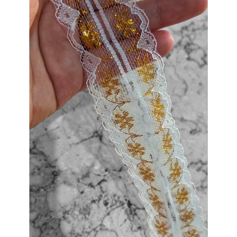 Renda air warna putih emas dobel renda jilbab renda mukena renda souvenir renda crafting renda dobel