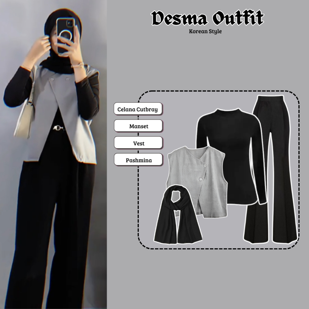 Setelan Desma Outfit { Vest+ Manset + Pashmina + Celana Cutbray } One set Korean Style