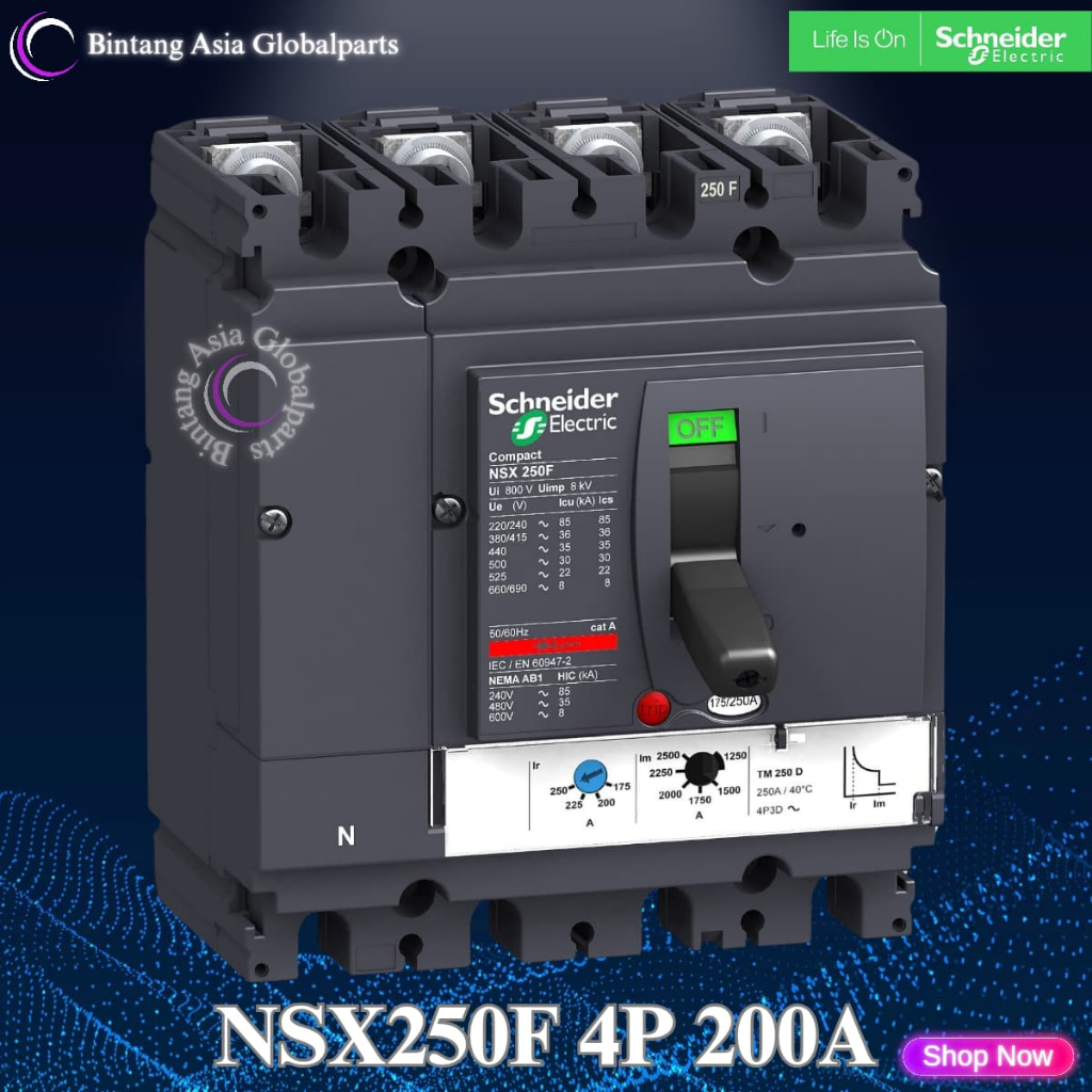 MCCB 4 Phase 200 Ampere Schneider LV431641 Original / MCCB 4p 200a 36kA NSX250F / Breaker 4 Pole 200