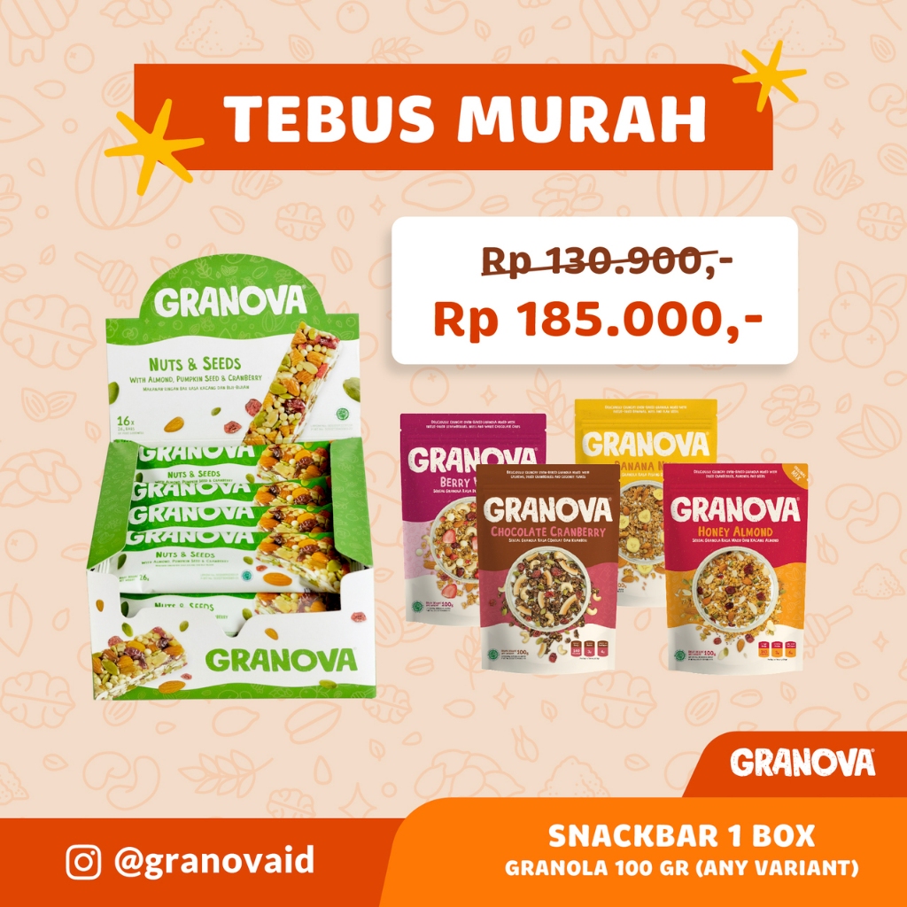 

Granova - Snackbar Nuts & Seeds 26gr x 16 pcs (Rasa Original) - Cemilan Sehat, Gandum, Halal
