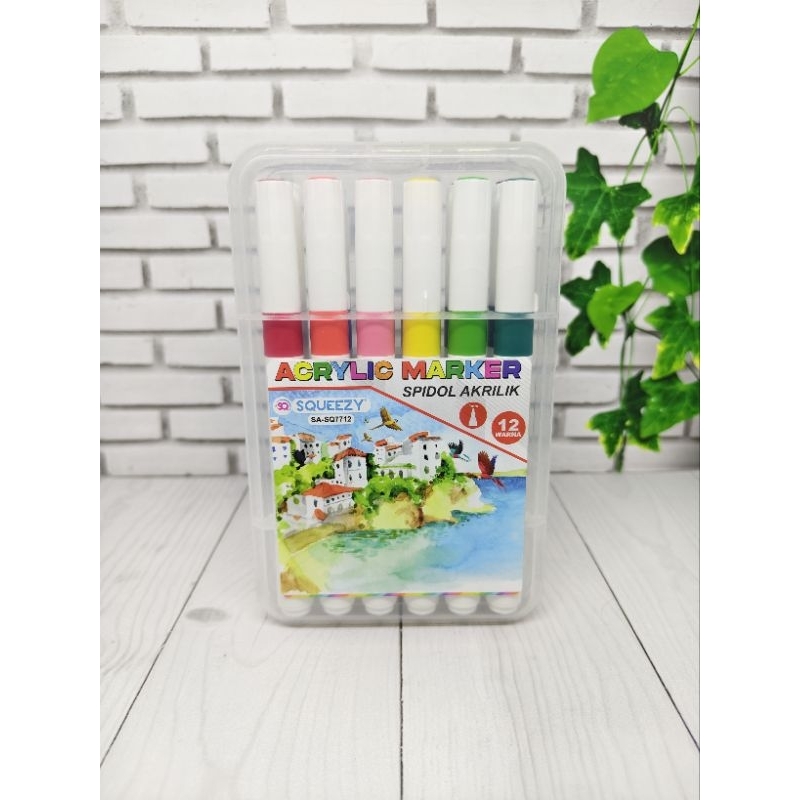 

Set Spidol Kuas Acrylic Brush 口Permanent Pen Marker 12 Warna SQUEEZY SA-SQ7712 Permanen Segala Permukaan Gelas Kertas Kaca Akrilik Lebih Pekat Opaque Tebal 2 mm