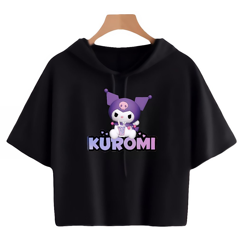kaos Hoodie crop anak perempuan kuromi baju anak perempuan kaos Hoodie crop top lengan pendek