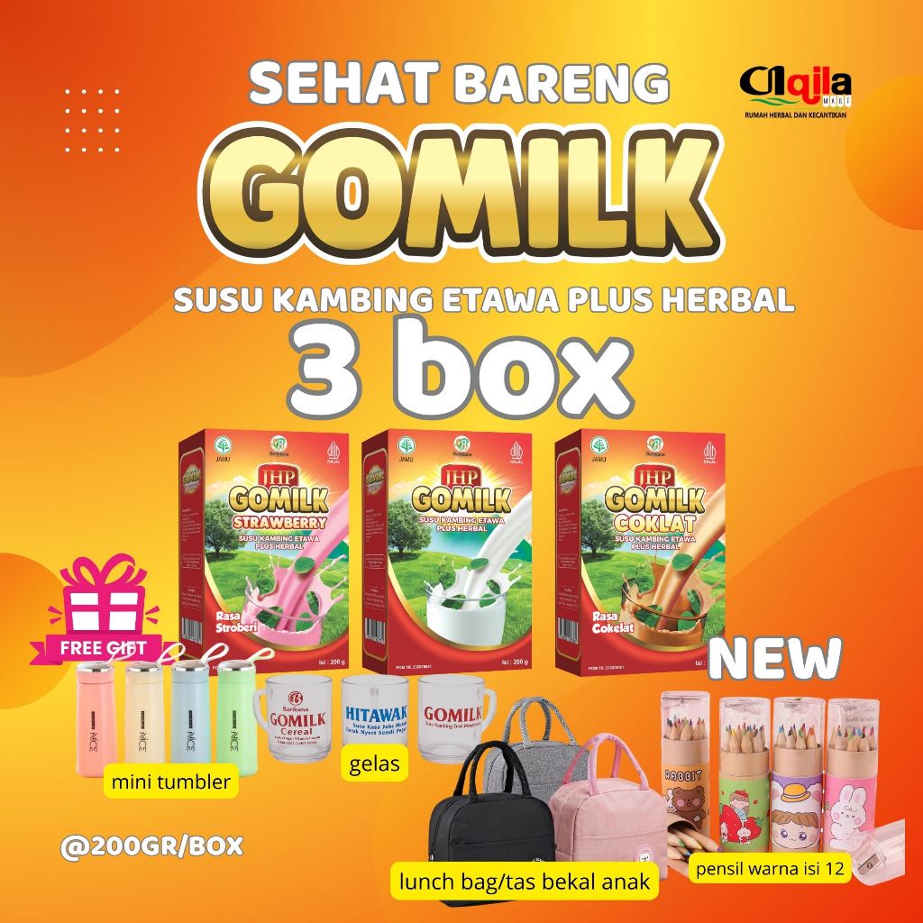 

Free Gelas Cantik !!! Paket 3 Dus Gomilk Susu Kambing Etawa plus daun kelor Aqilamart Trangsan