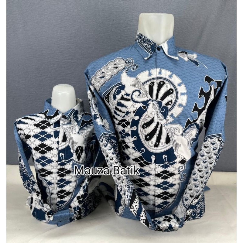 Biru Muda,  Kemeja Batik Couple Ayah Dan Anak, Pakai Lapisan Furing Hero, Anak Tak Pakai, Kemeja Bat