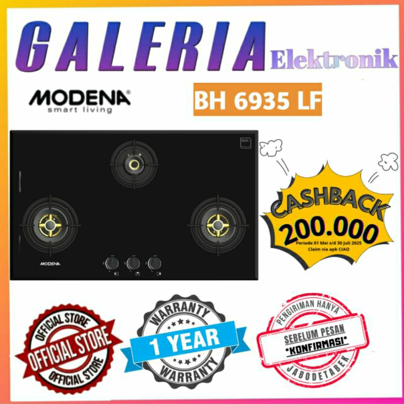 KOMPOR TANAM MODENA 3 TUNGKU BH6935LF 3 BURNERS BH 6935 LF 6935LF 90 CM